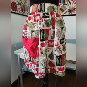 Vintage MCM Mid Century Mod Vegetable Print Half Apron Red White Green Rick Rack